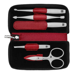 5-pc, Leather Manicure Pedicure Set With Combination Nail Scissors, Red