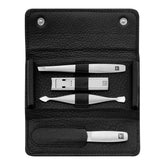 4-pc, Leather Manicure Pedicure Set With Compact Nail Clippers, Black Matte