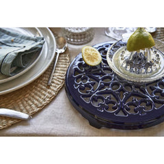 9-inch, Round, Cast Iron Lilly Trivet, Dark Blue