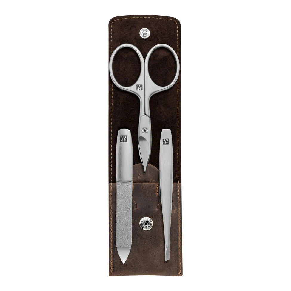3-pc, Leather Manicure Pedicure Set With Combination Nail Scissors, Brown