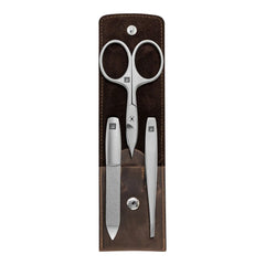 3-pc, Leather Manicure Pedicure Set With Combination Nail Scissors, Brown