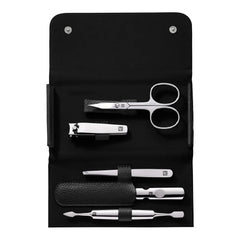 5-pc, Leather Manicure Pedicure Set With Nail Clippers, Black Matte
