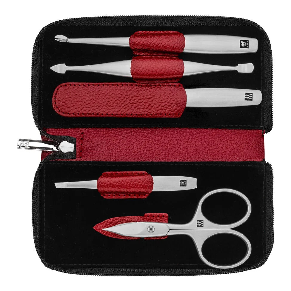 5-pc, Leather Manicure Pedicure Set With Combination Nail Scissors, Red