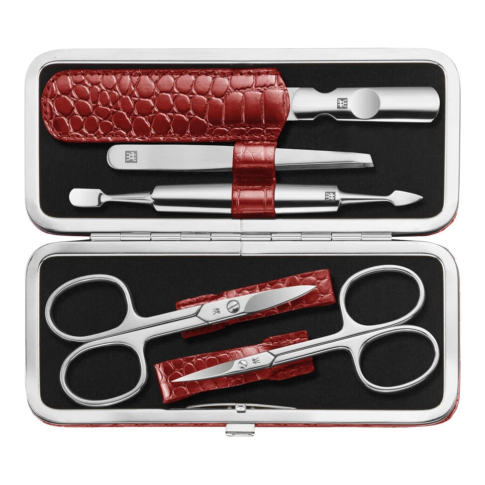 5-pc, Red, Leather, Manicure Pedicure Set With Nail Scissors