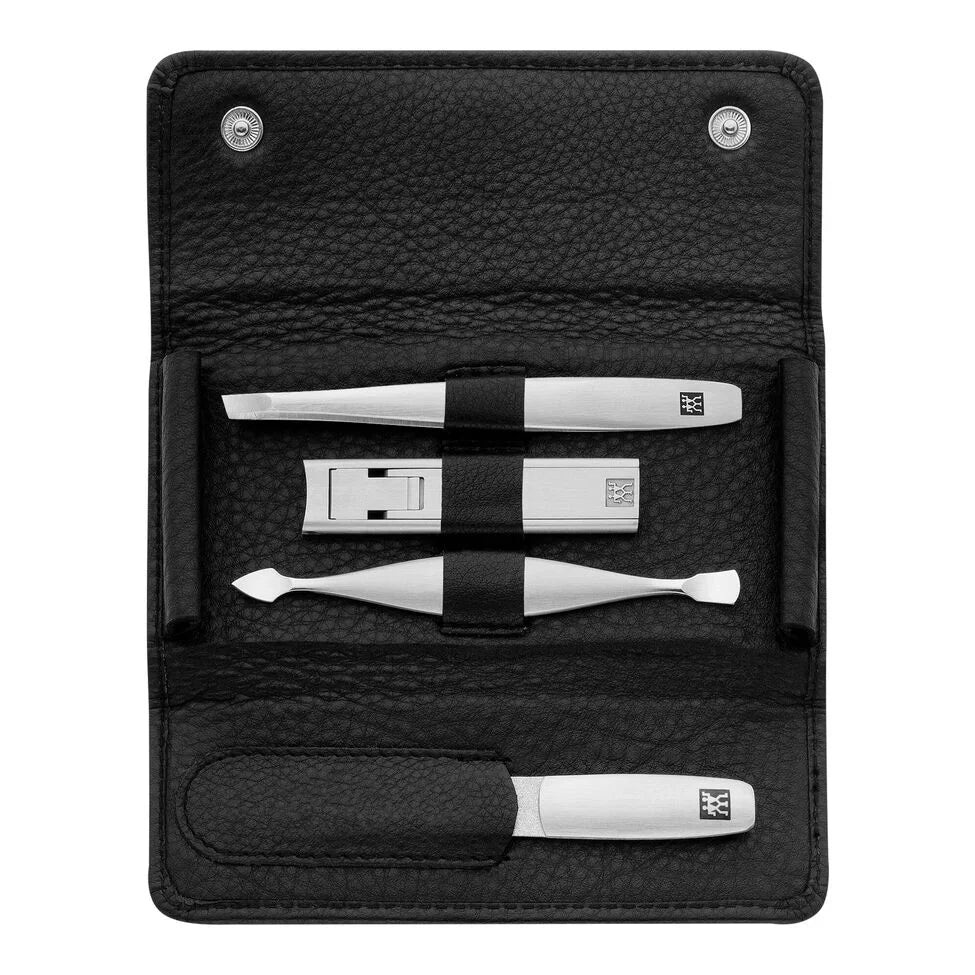 4-pc, Leather Manicure Pedicure Set With Compact Nail Clippers, Black Matte