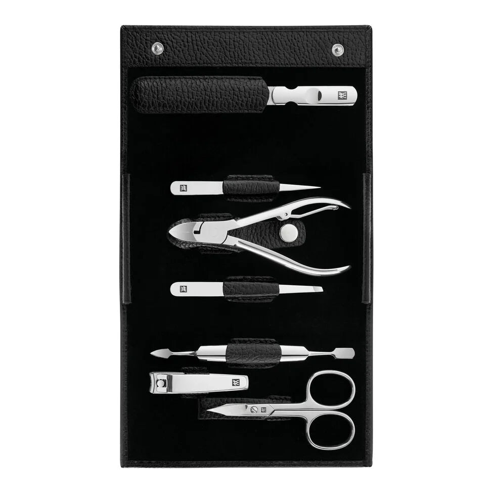 7-pc, Leather Manicure Pedicure Set With Nail Clippers, Black Matte
