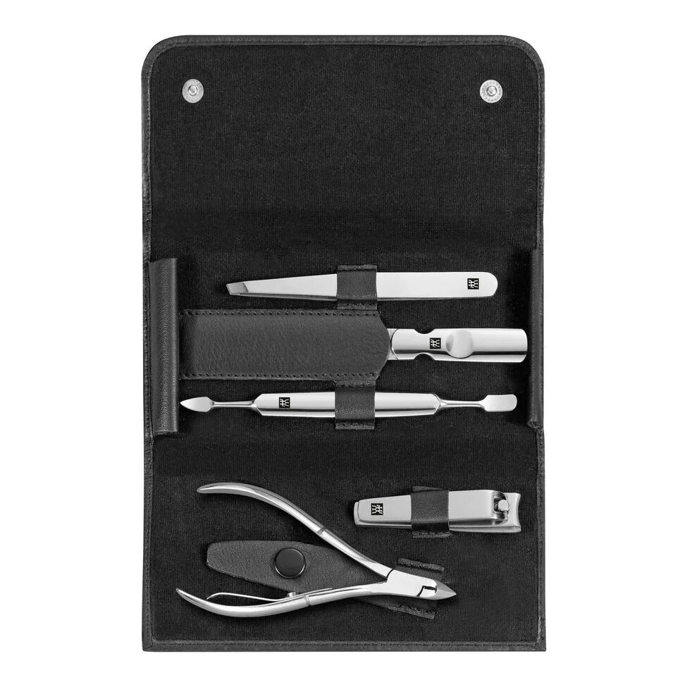 5-pc, Leather Manicure Pedicure Set With Nail Clippers, Black Matte