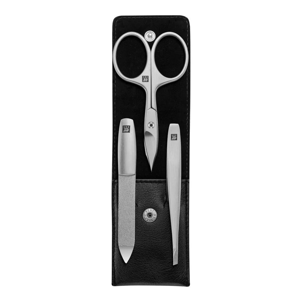 3-pc, Nappa Leather Manicure Pedicure Set With Combination Nail Scissors, Black Matte