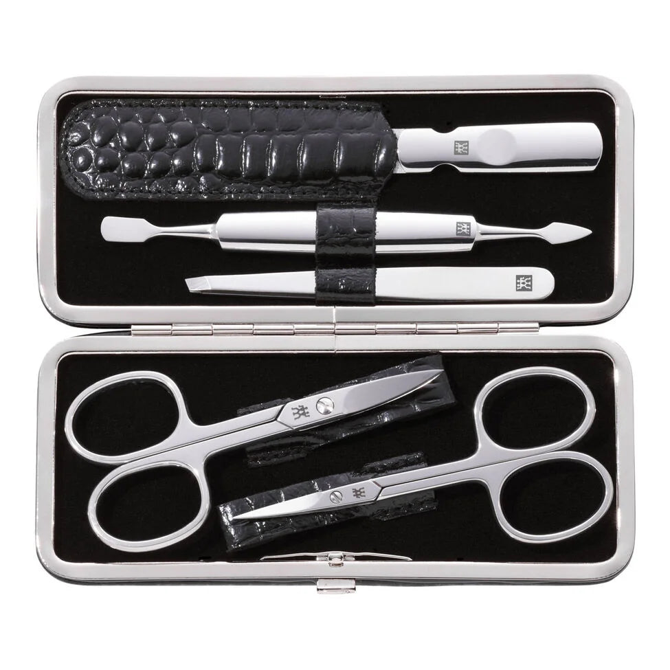 5-pc, Black Matte, Leather, Manicure Pedicure Set With Nail Scissors