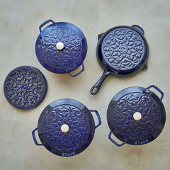 9-inch, Round, Cast Iron Lilly Trivet, Dark Blue