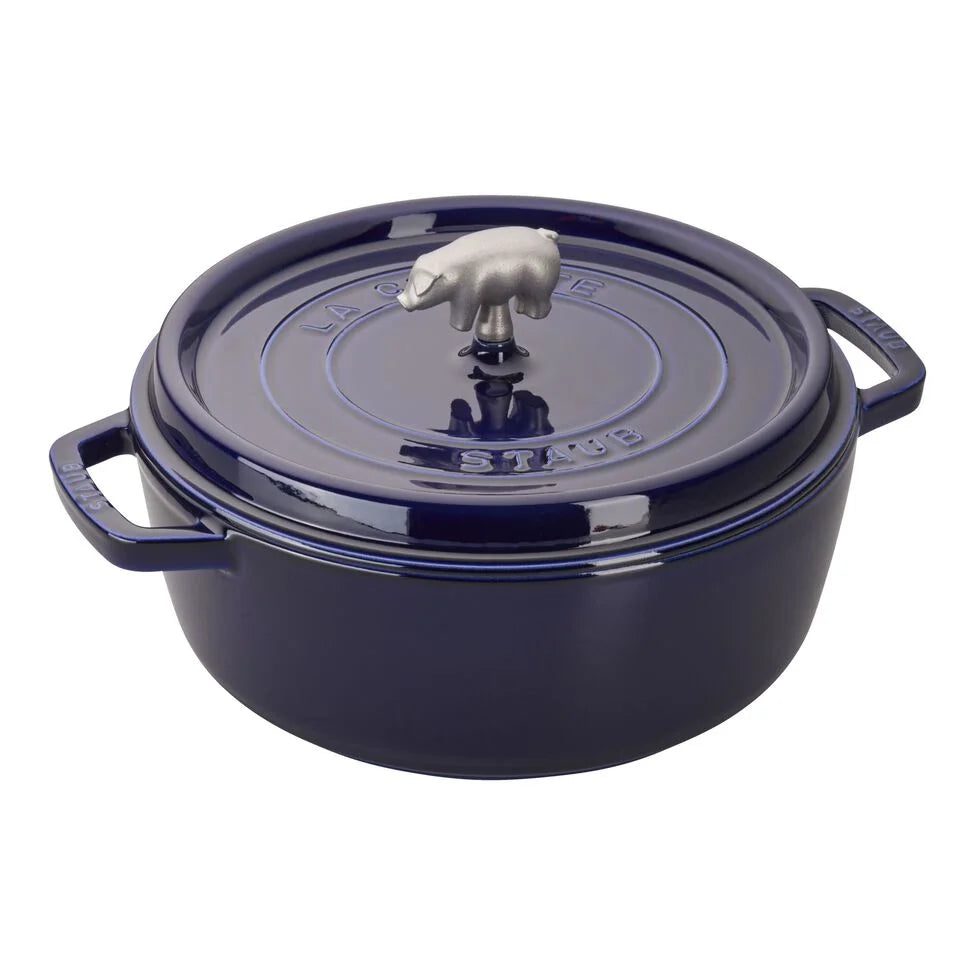6 qt, Round, Cochon Shallow Wide Round Dutch Oven, Dark Blue