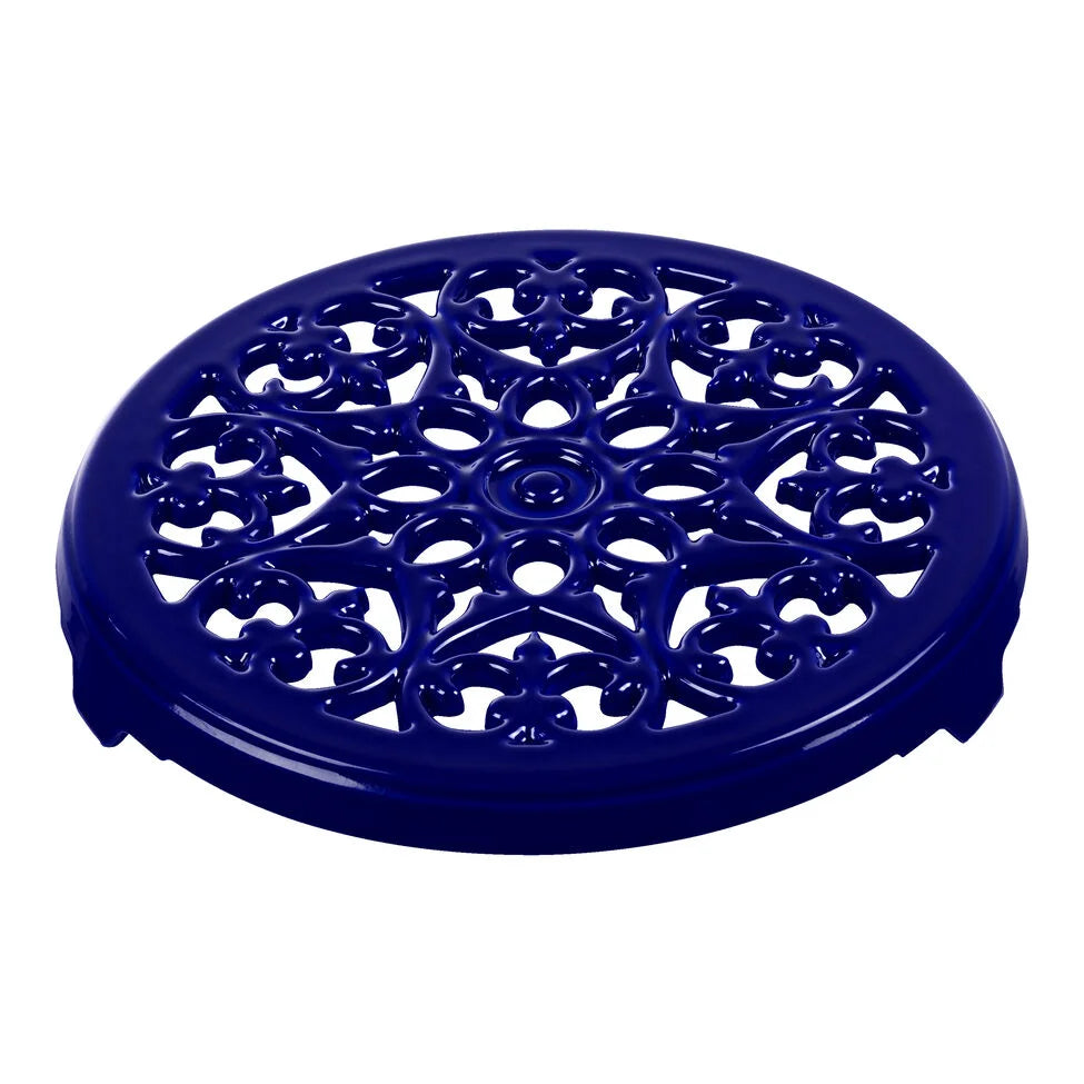 9-inch, Round, Cast Iron Lilly Trivet, Dark Blue