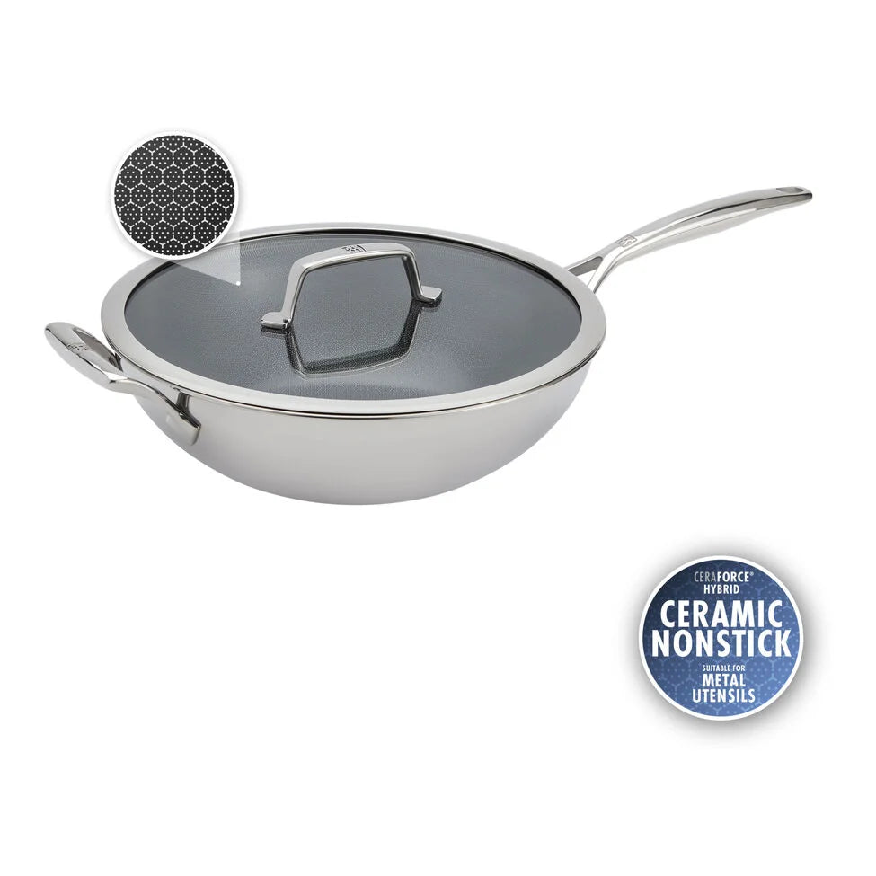 12-inch, 18/10 Stainless Steel, Wok With Lid Ceramic Hybrid