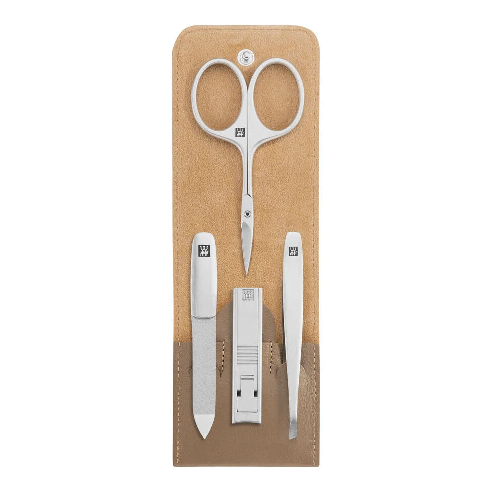 4-pc, Leather Manicure Pedicure Set With Compact Nail Clippers, Taupe