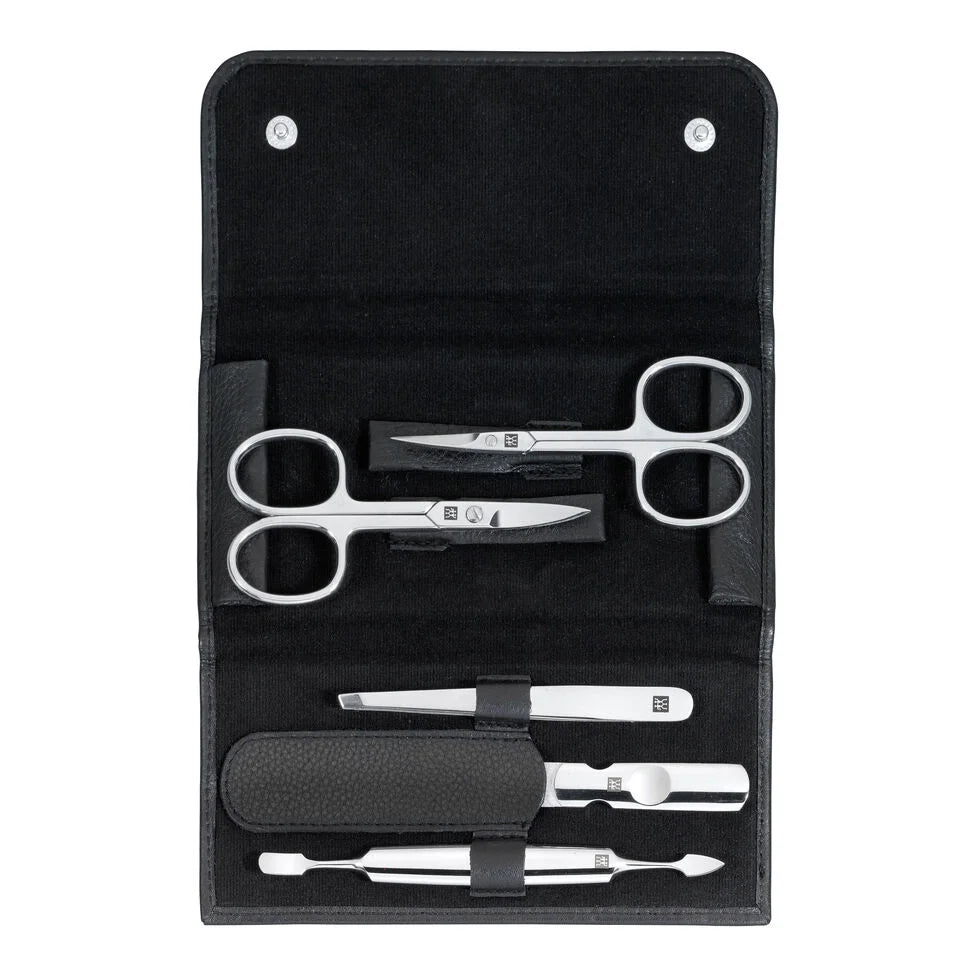 5-pc, Leather Manicure Pedicure Set With Nail Scissors, Black Matte