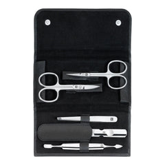 5-pc, Leather Manicure Pedicure Set With Nail Scissors, Black Matte